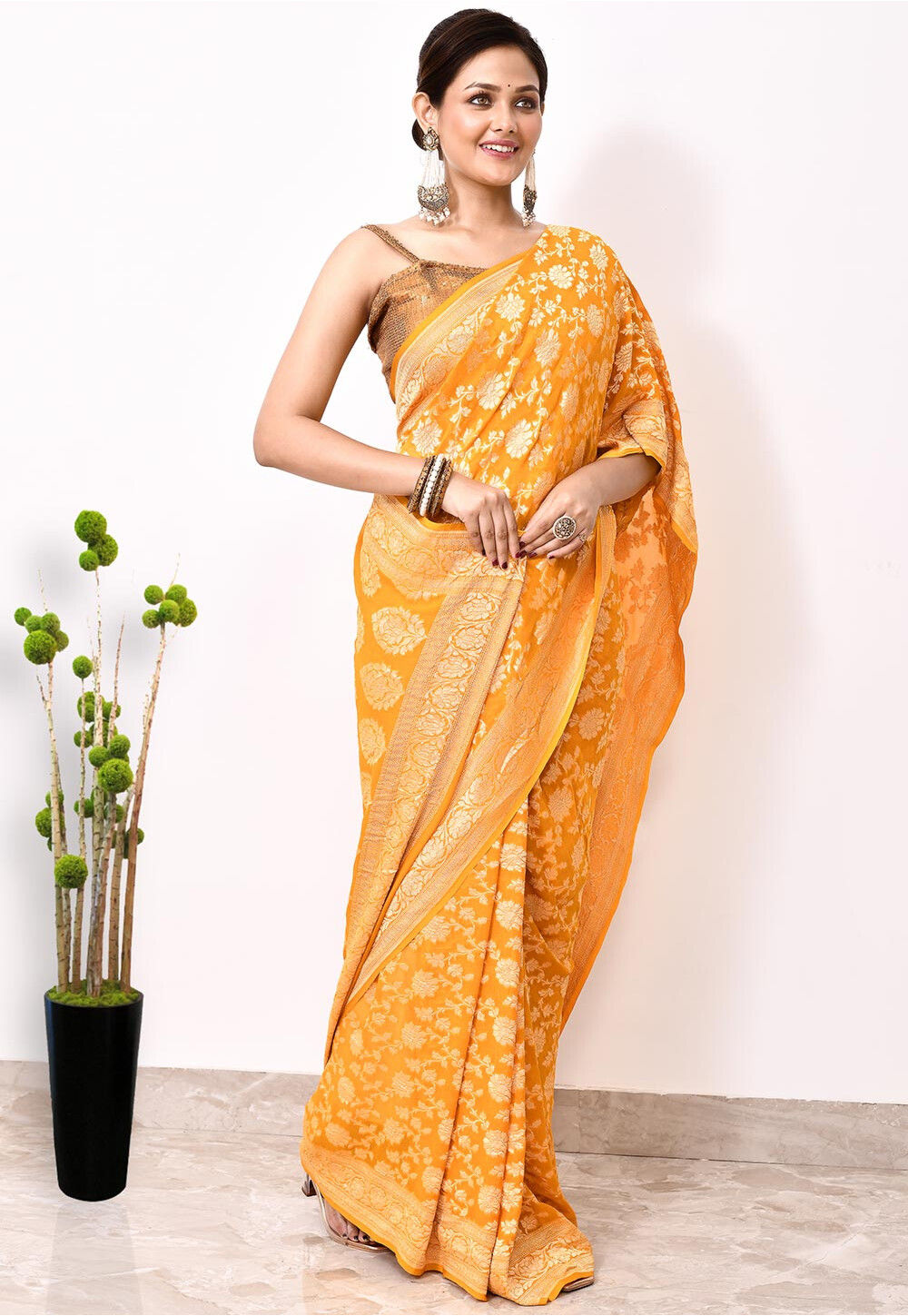 Yellow Chiffon Silk Handwoven Banaras Saree