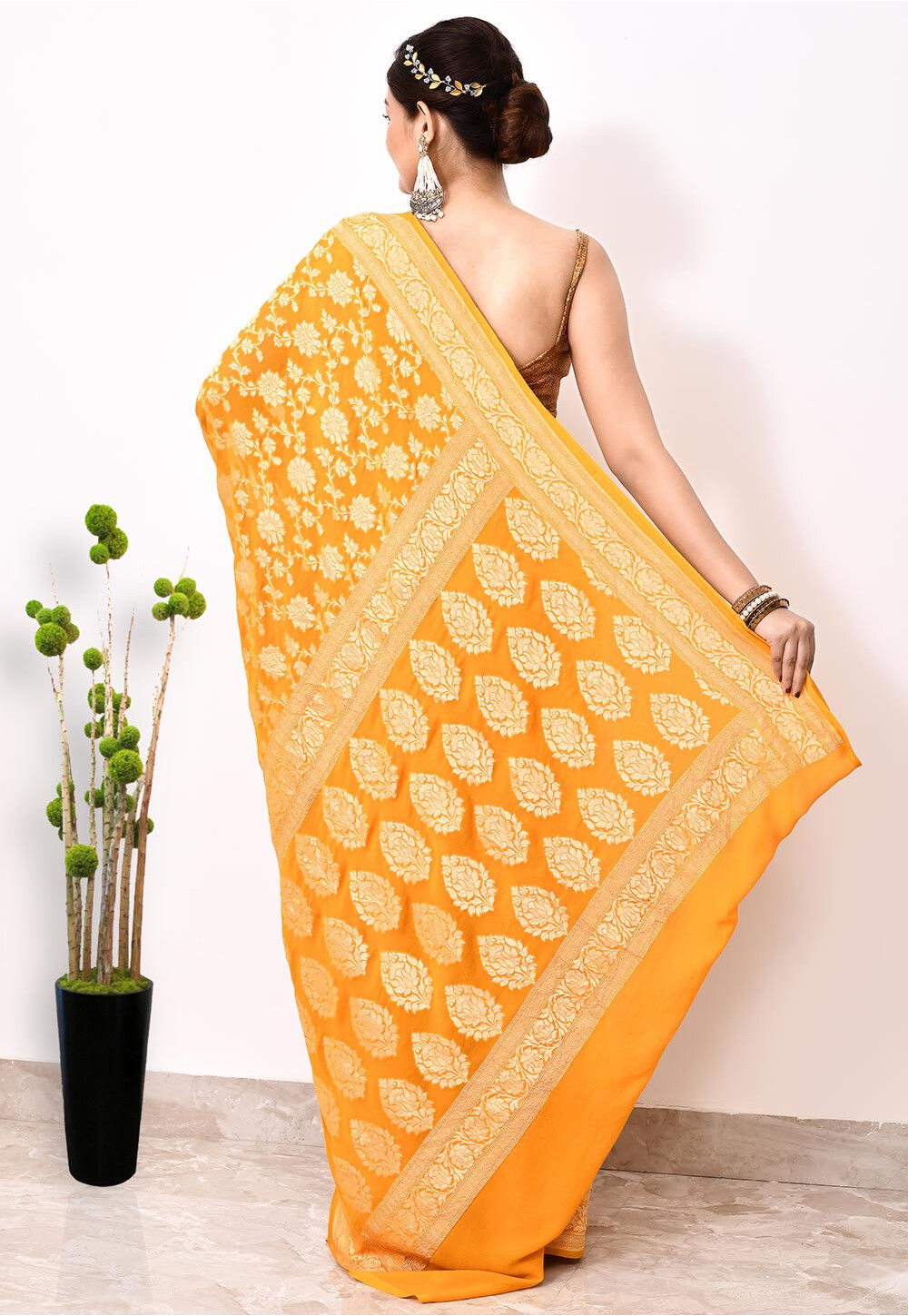 Yellow Chiffon Silk Handwoven Banaras Saree