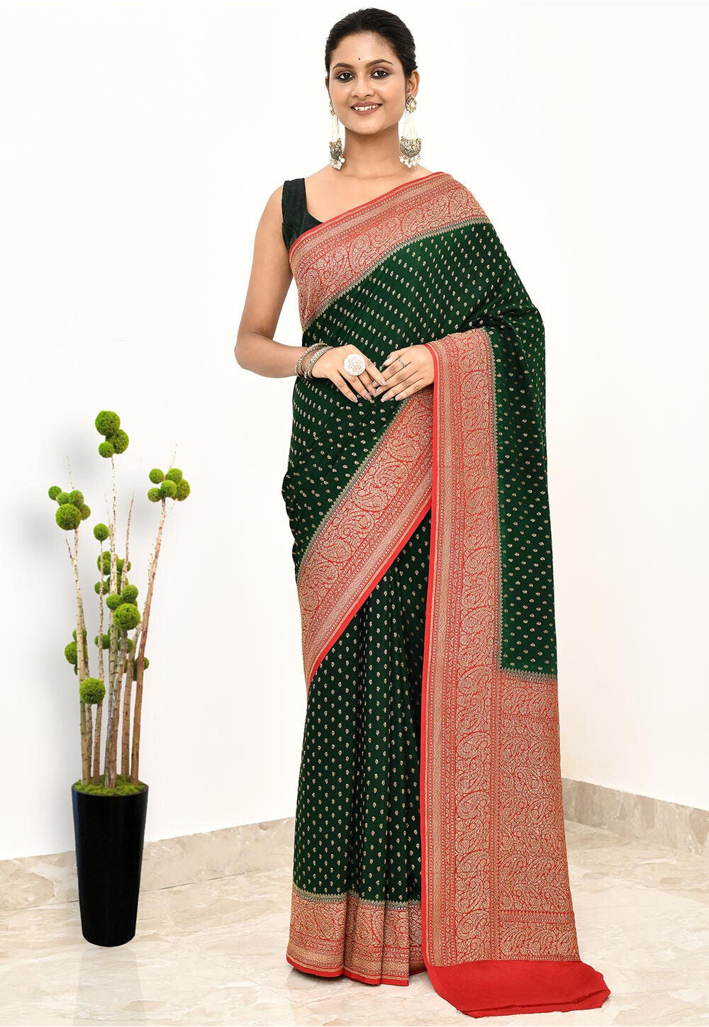 Bottle Green  Khaddi  Silk Handwoven Banaras Saree