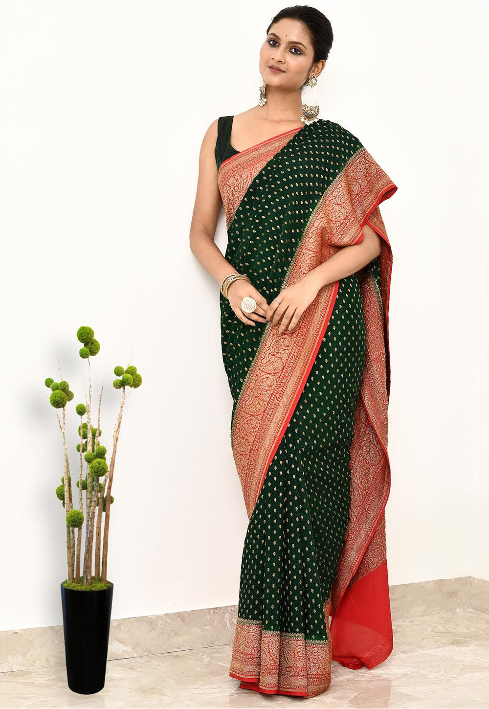 Bottle Green  Khaddi  Silk Handwoven Banaras Saree