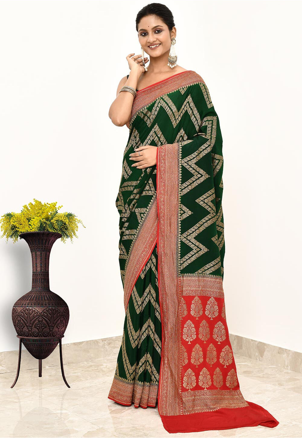 Bootle Green  Khaddi Silk Handwoven Banaras Saree