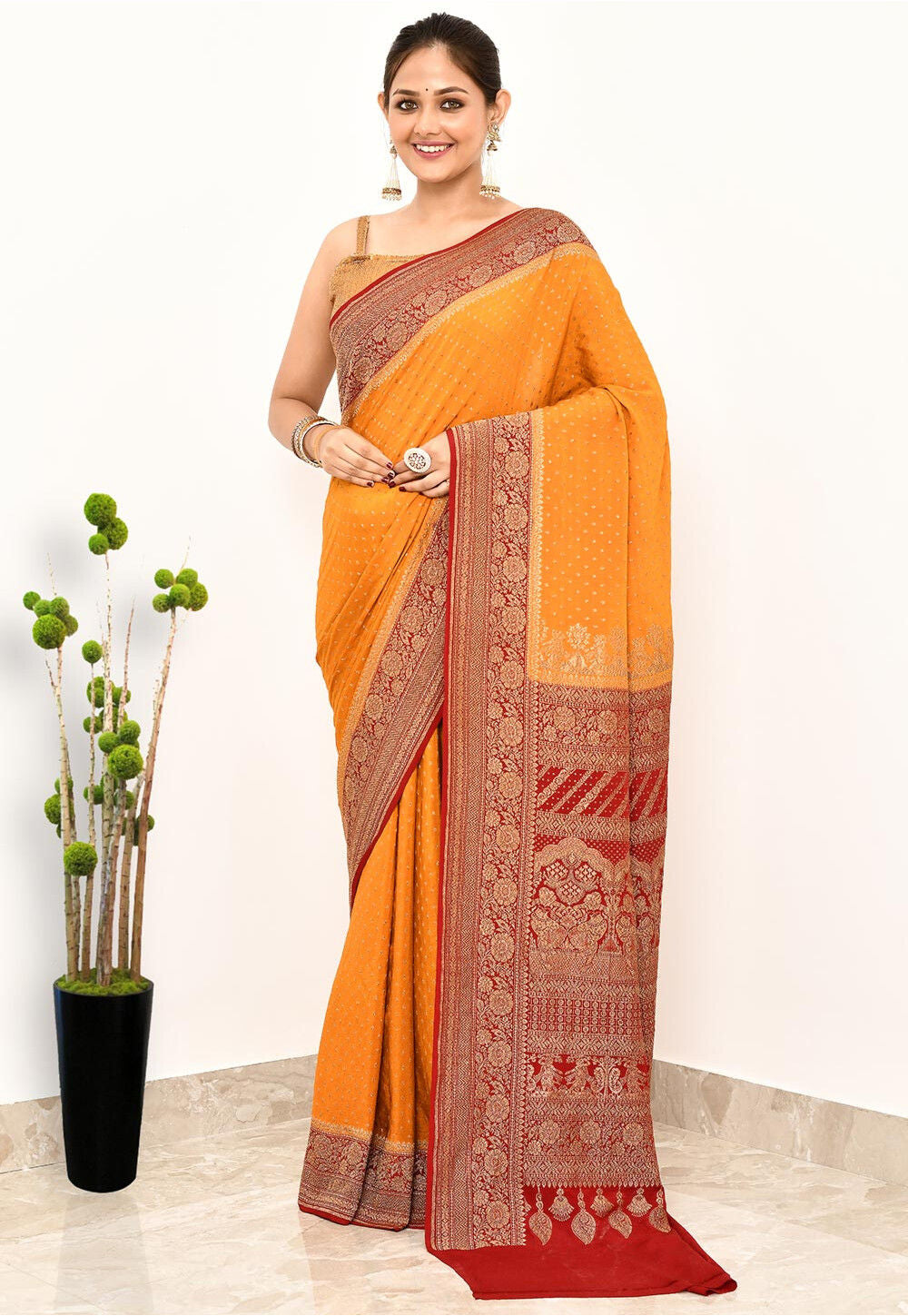 Tangerine Khaddi  Silk Handwoven Banaras Saree