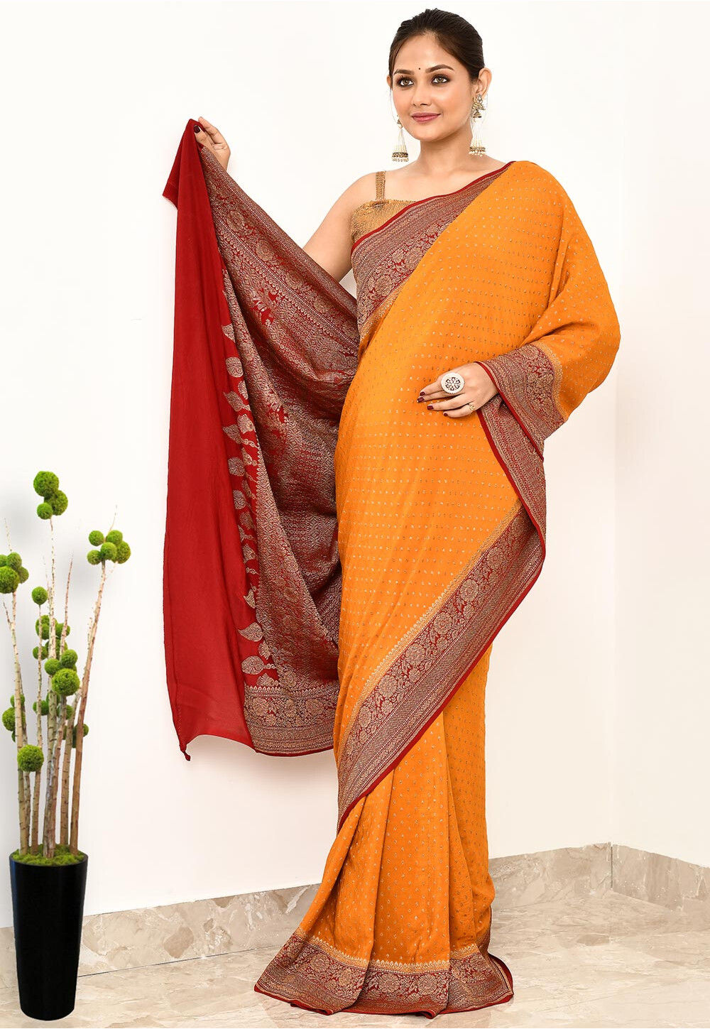 Tangerine Khaddi  Silk Handwoven Banaras Saree