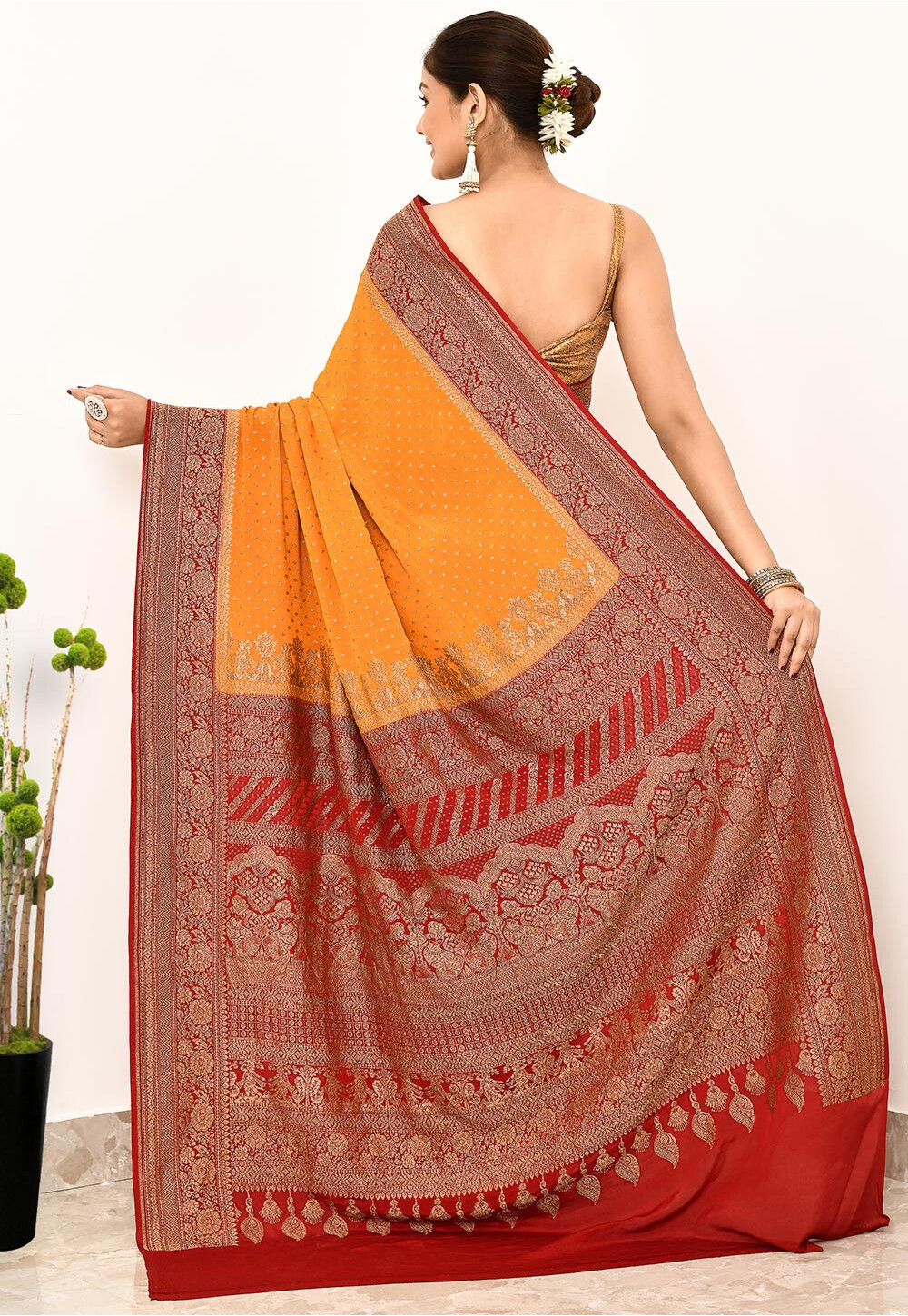 Tangerine Khaddi  Silk Handwoven Banaras Saree