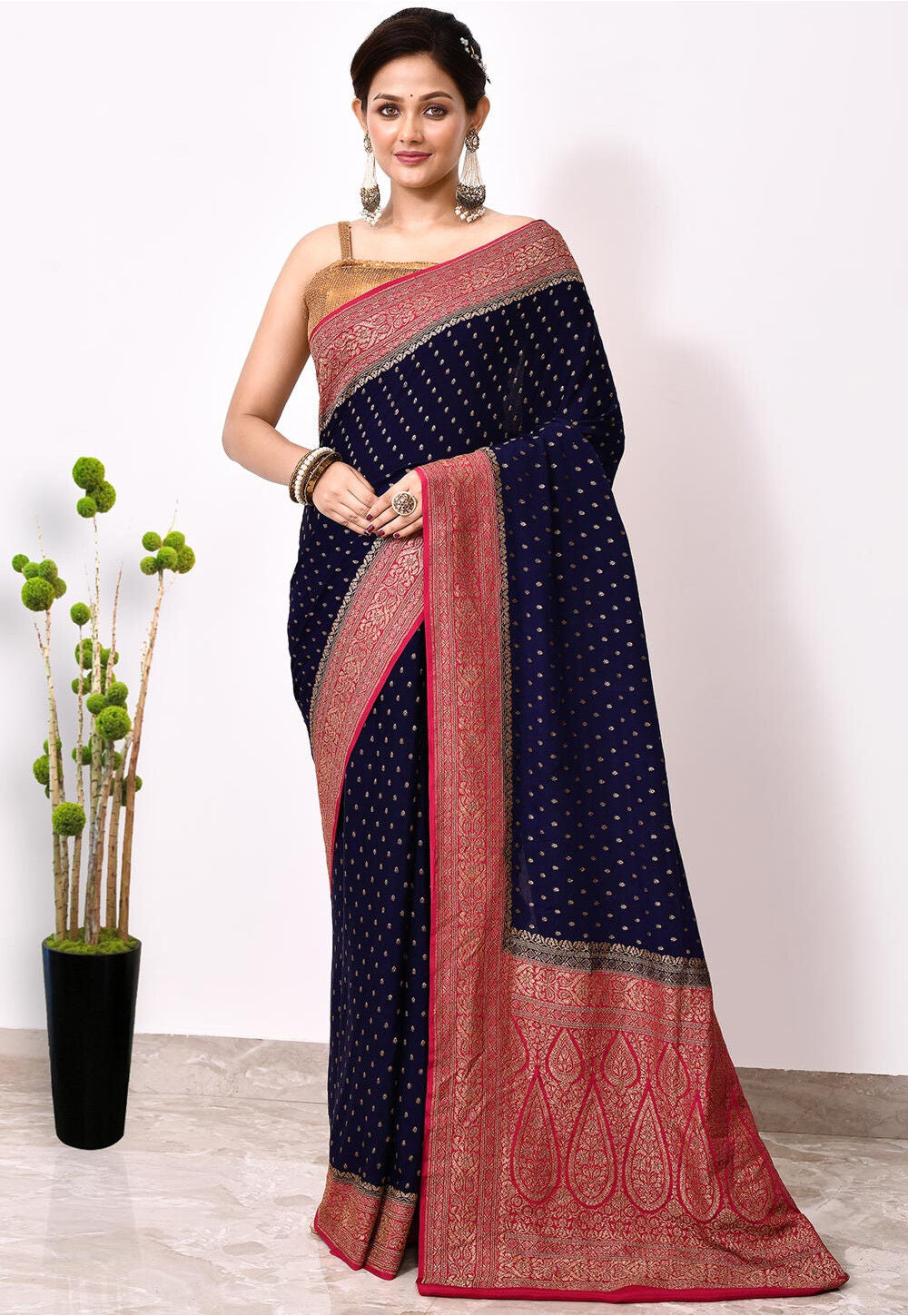 Royal Blue Chiffon Silk Handwoven Banaras Saree