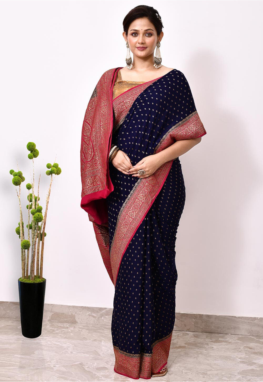 Royal Blue Chiffon Silk Handwoven Banaras Saree
