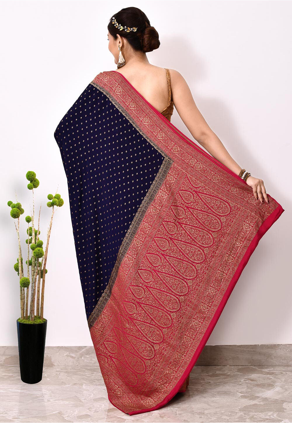 Royal Blue Chiffon Silk Handwoven Banaras Saree