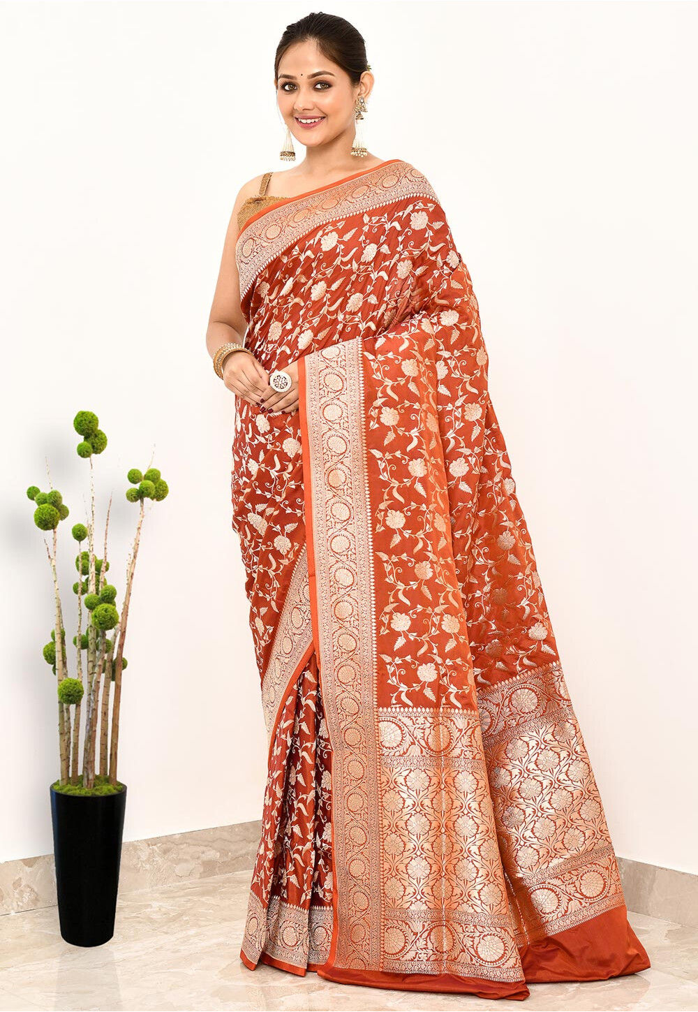 Tangerine Orange  Katan  Silk Handwoven Banaras Saree