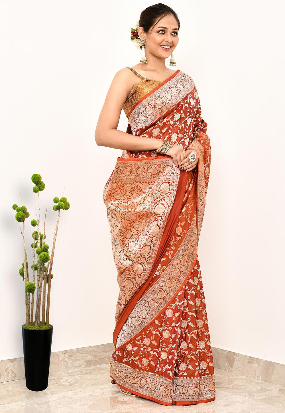 Tangerine Orange  Katan  Silk Handwoven Banaras Saree