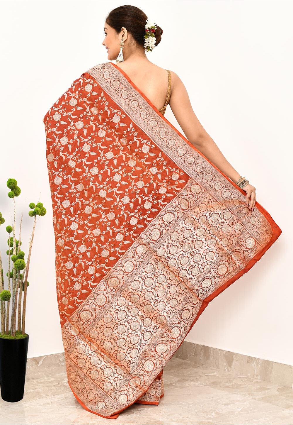 Tangerine Orange  Katan  Silk Handwoven Banaras Saree