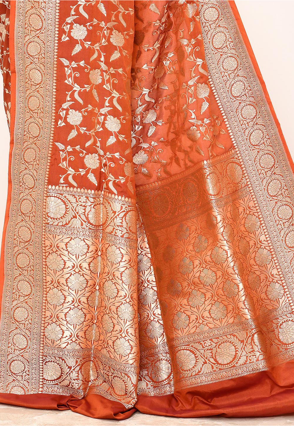 Tangerine Orange  Katan  Silk Handwoven Banaras Saree