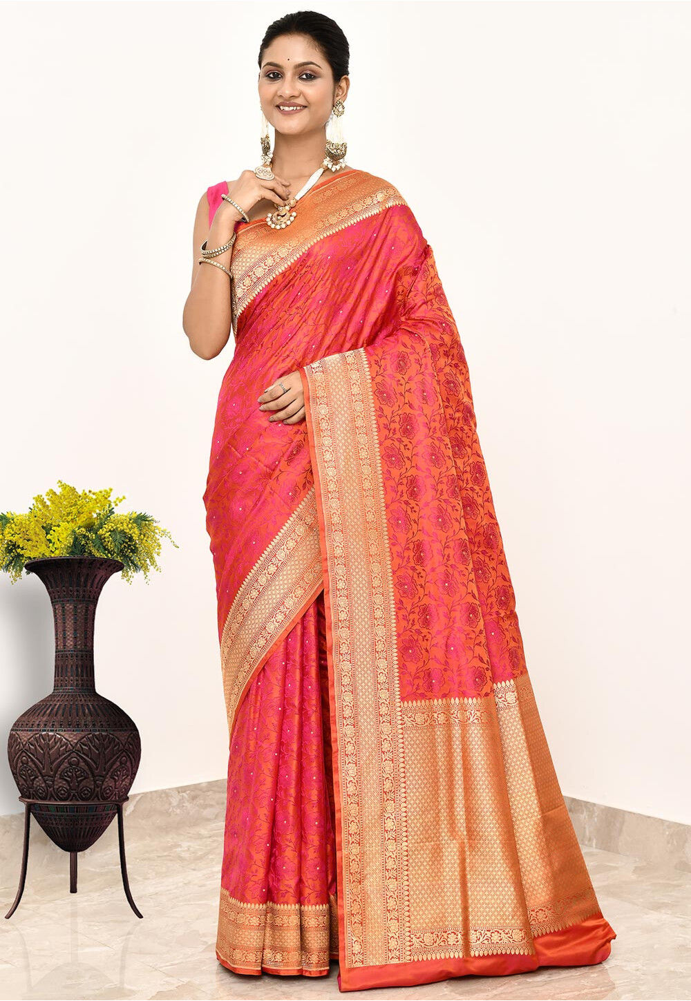 Tangerine Orange Katan Silk Handwoven Banaras Saree