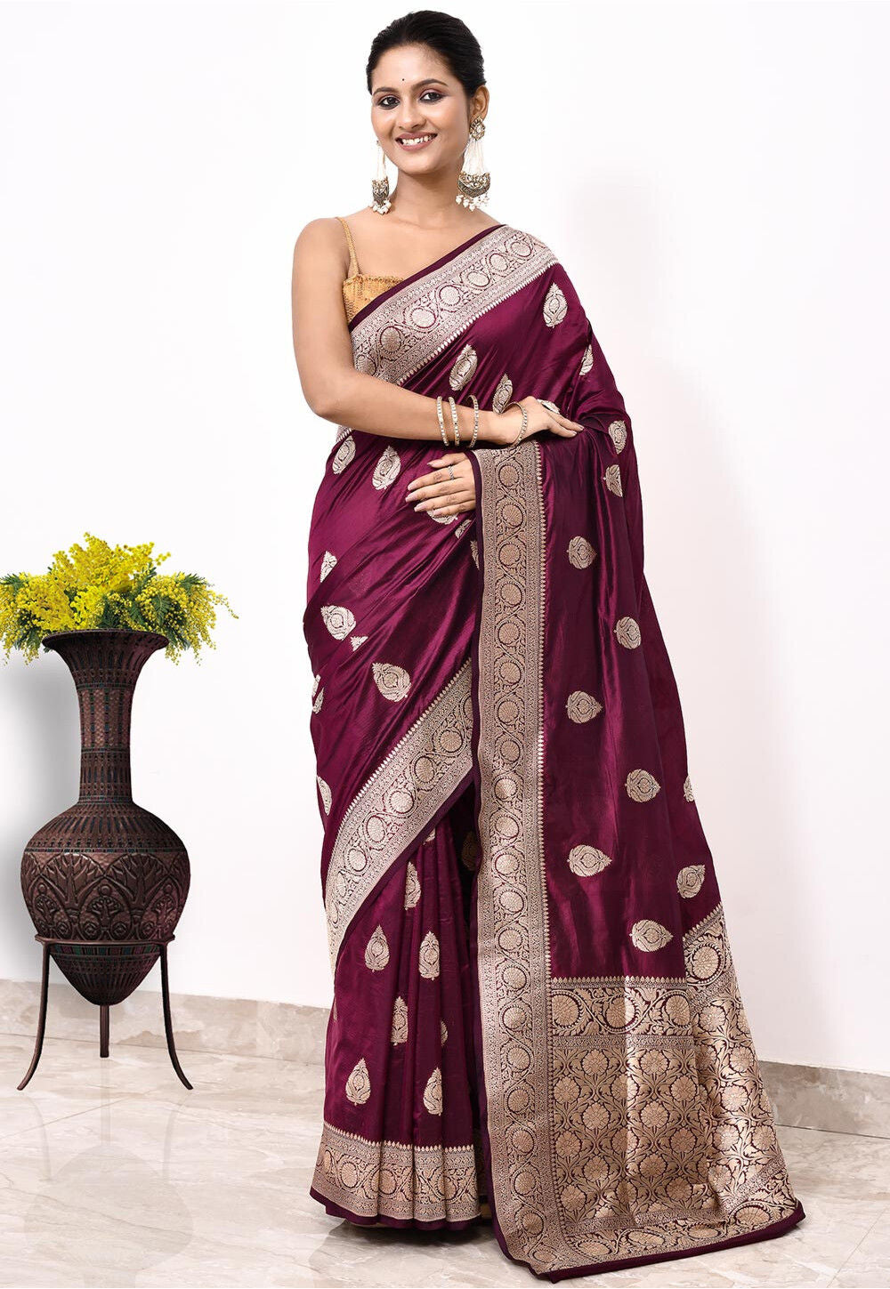 Wine Katan Silk Handwoven Banaras Saree