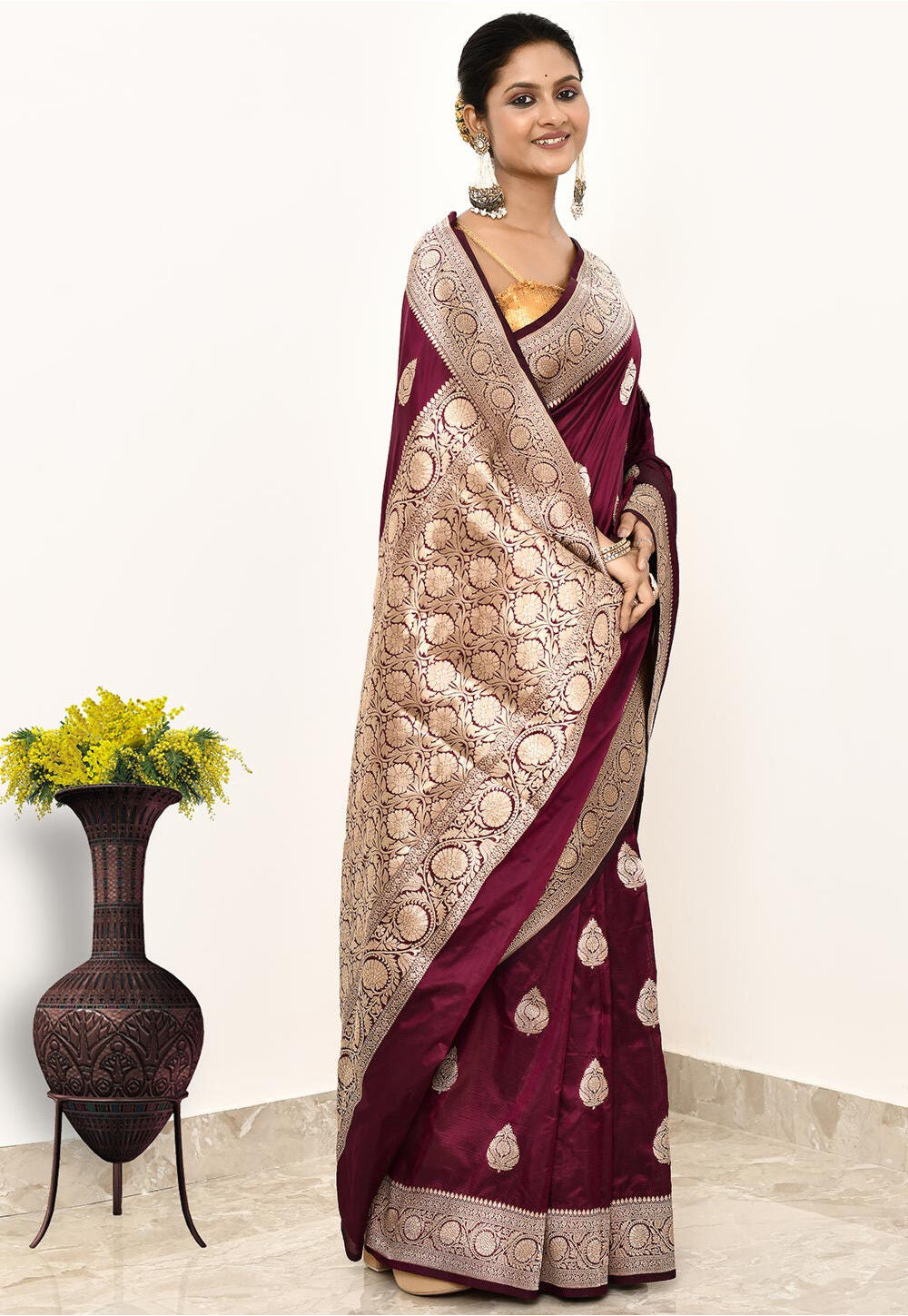 Wine Katan Silk Handwoven Banaras Saree