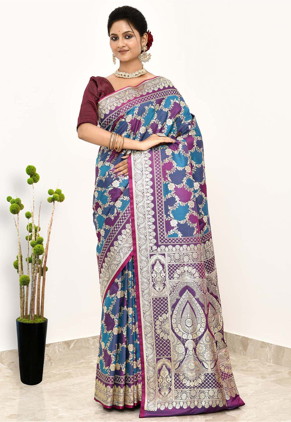 Blue/Wine  Art Silk Handwoven Banaras Saree