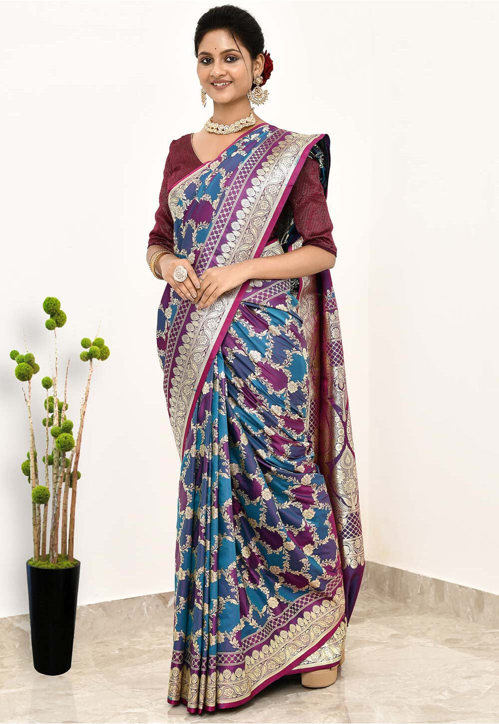 Blue/Wine  Art Silk Handwoven Banaras Saree