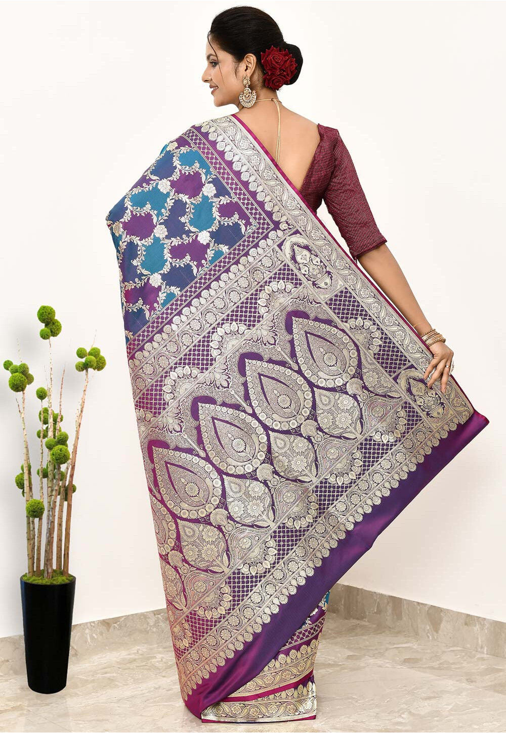 Blue/Wine  Art Silk Handwoven Banaras Saree