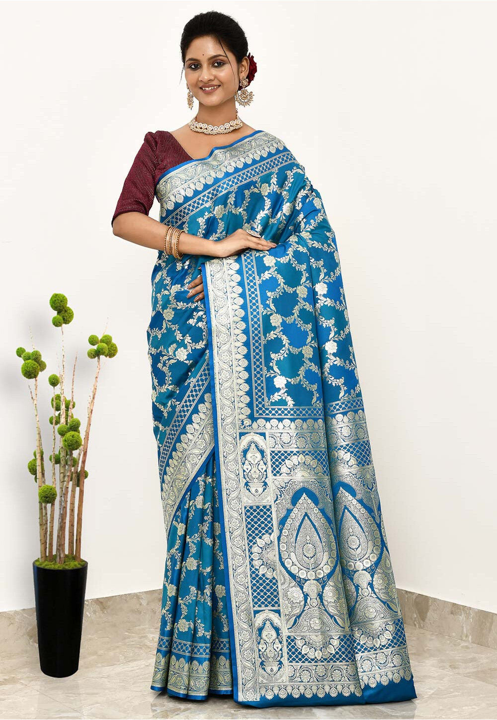 Blue Art Silk Handwoven Banaras Saree