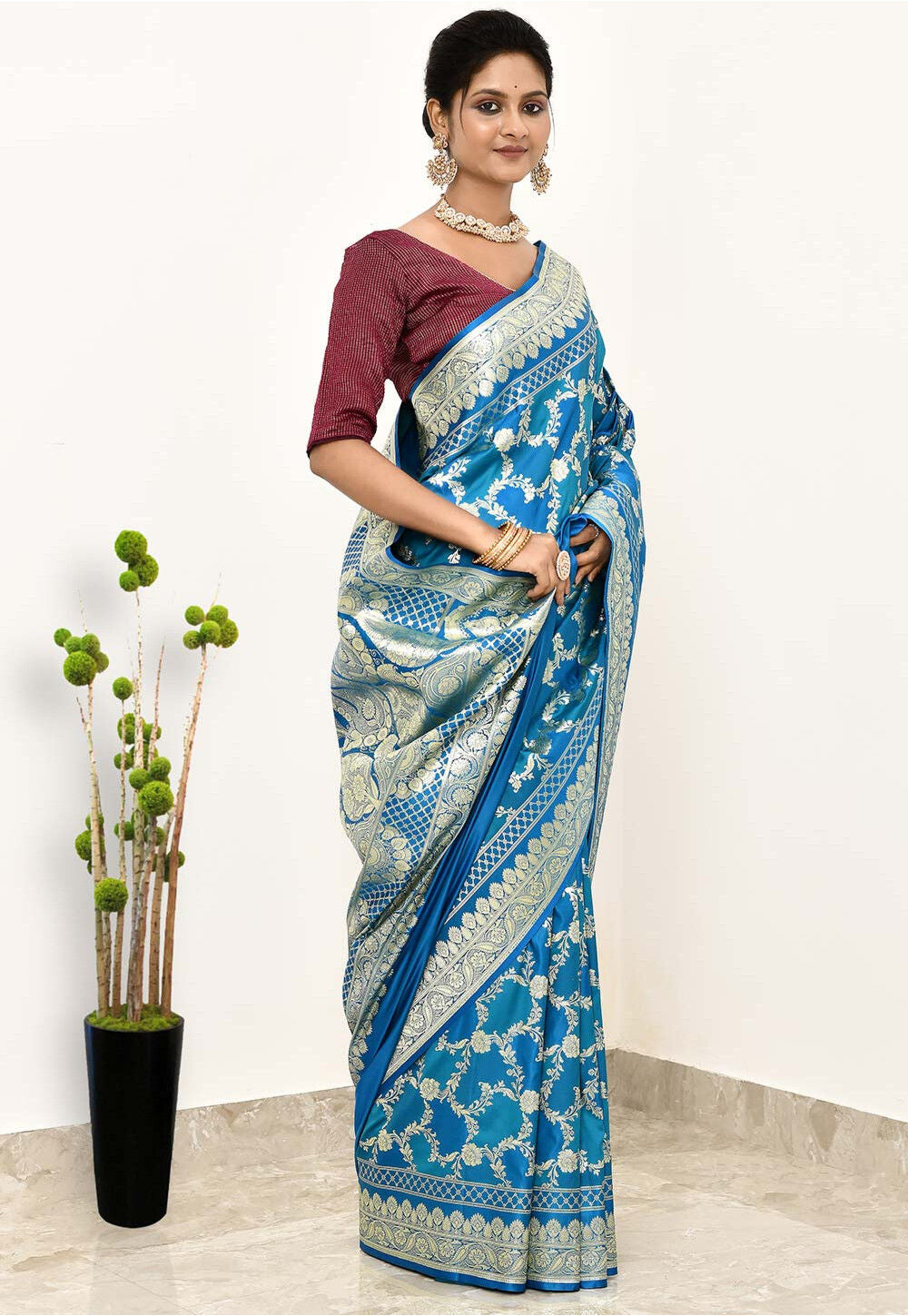 Blue Art Silk Handwoven Banaras Saree