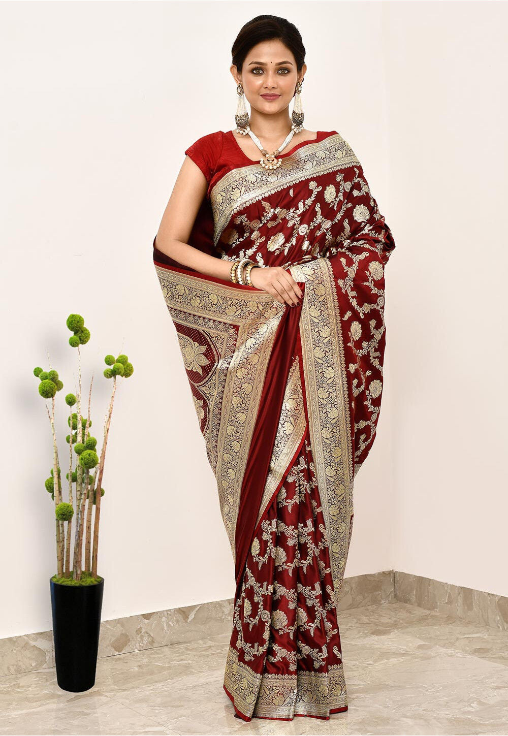 Maroon Art Silk Handwoven Banaras Saree