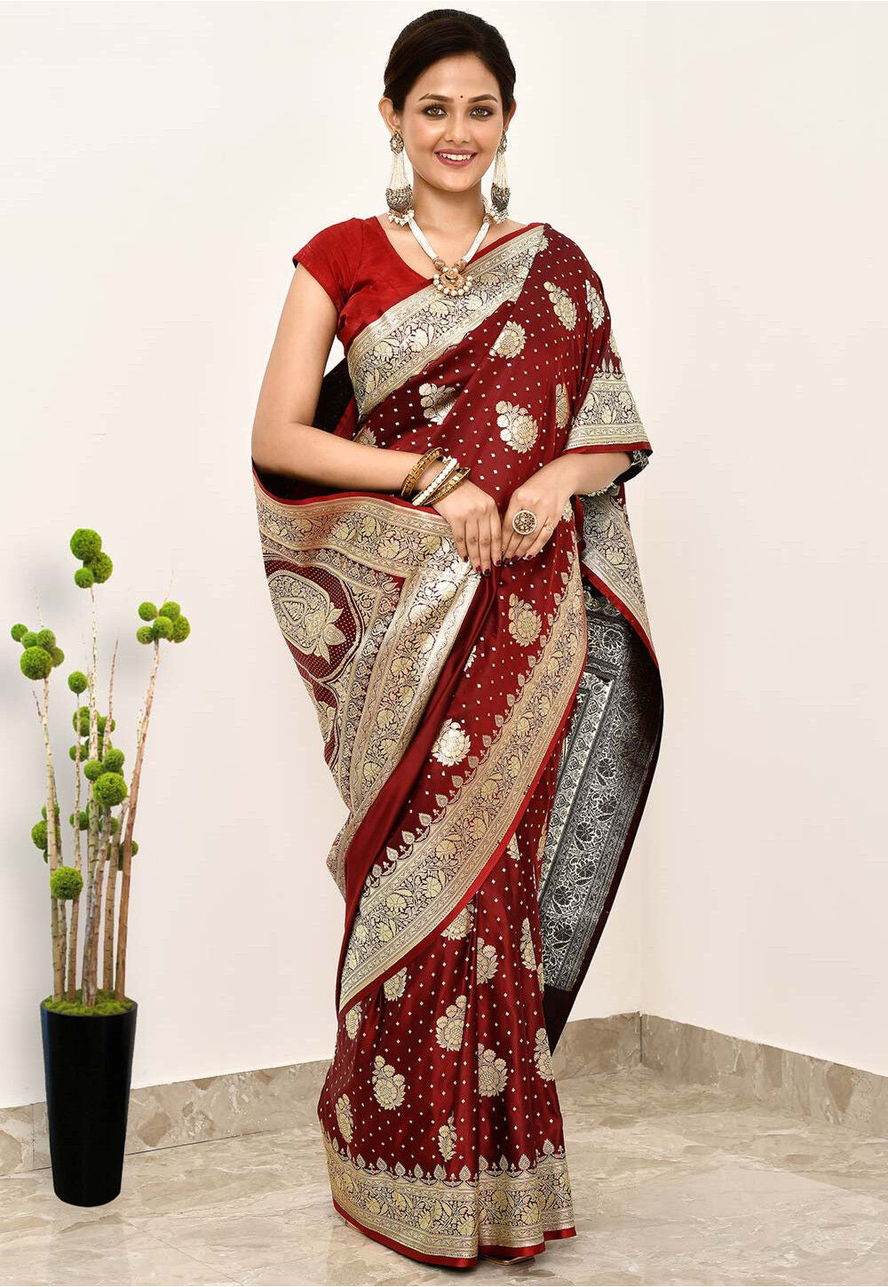 Maroon Art Silk Handwoven Banaras Saree