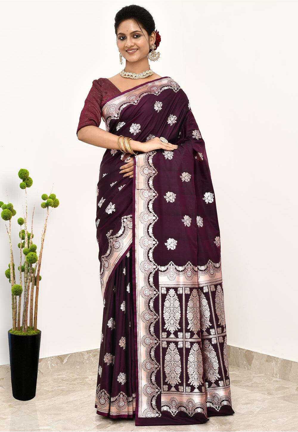 Wine Art Silk Handwoven Banaras Saree