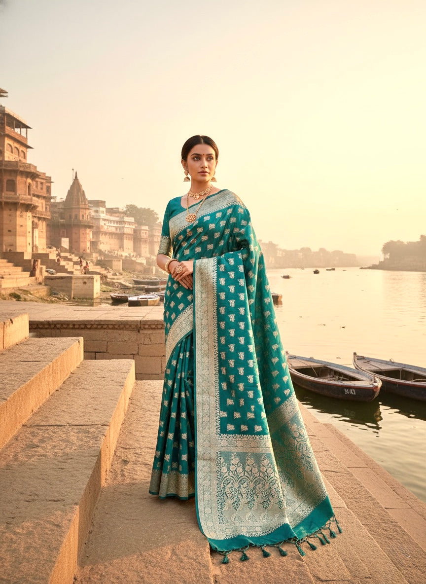 Handwoven Teal Banarasi Ahinsa Silk Saree