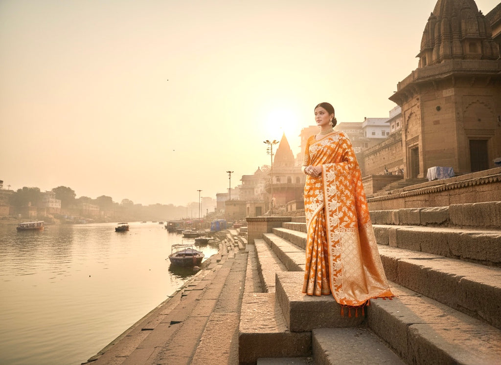 Handwoven Orange Banarasi Ahinsa Silk saree