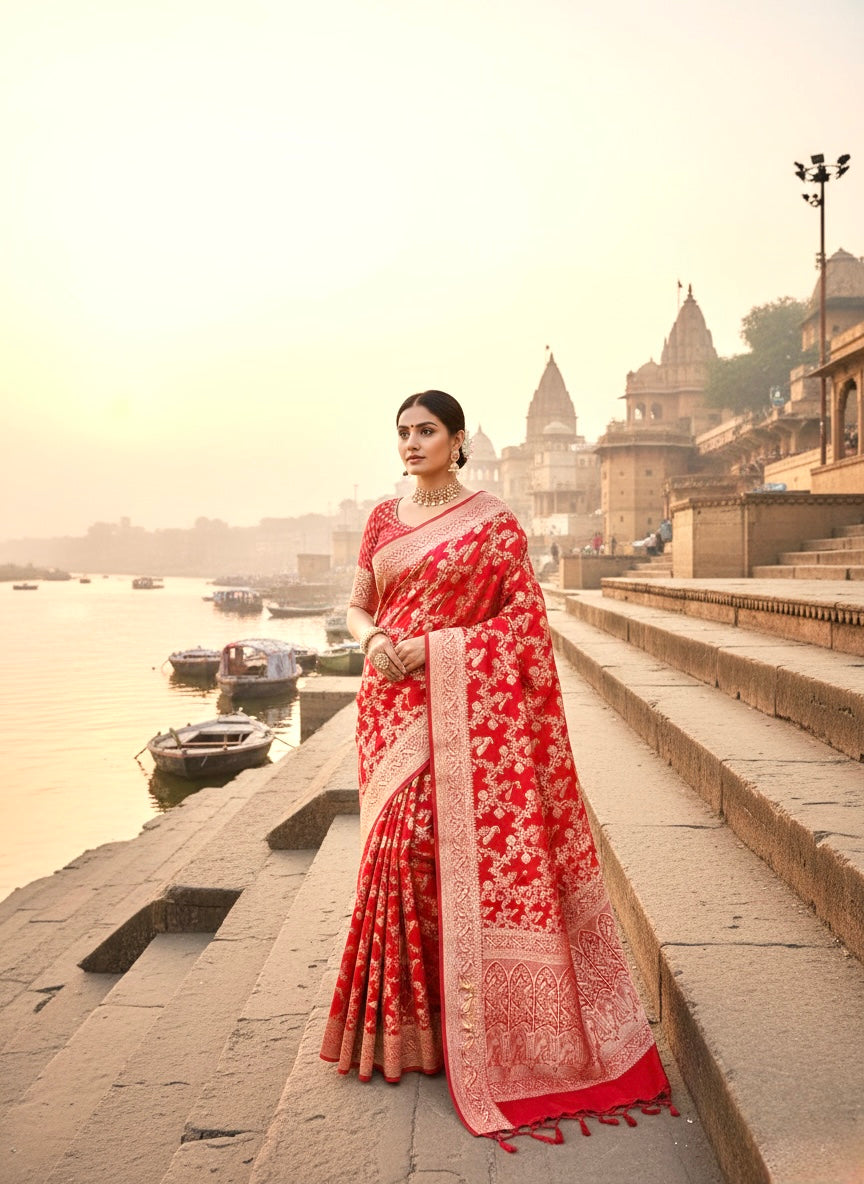Handwoven Red Banarasi Ahinsa Silk Saree