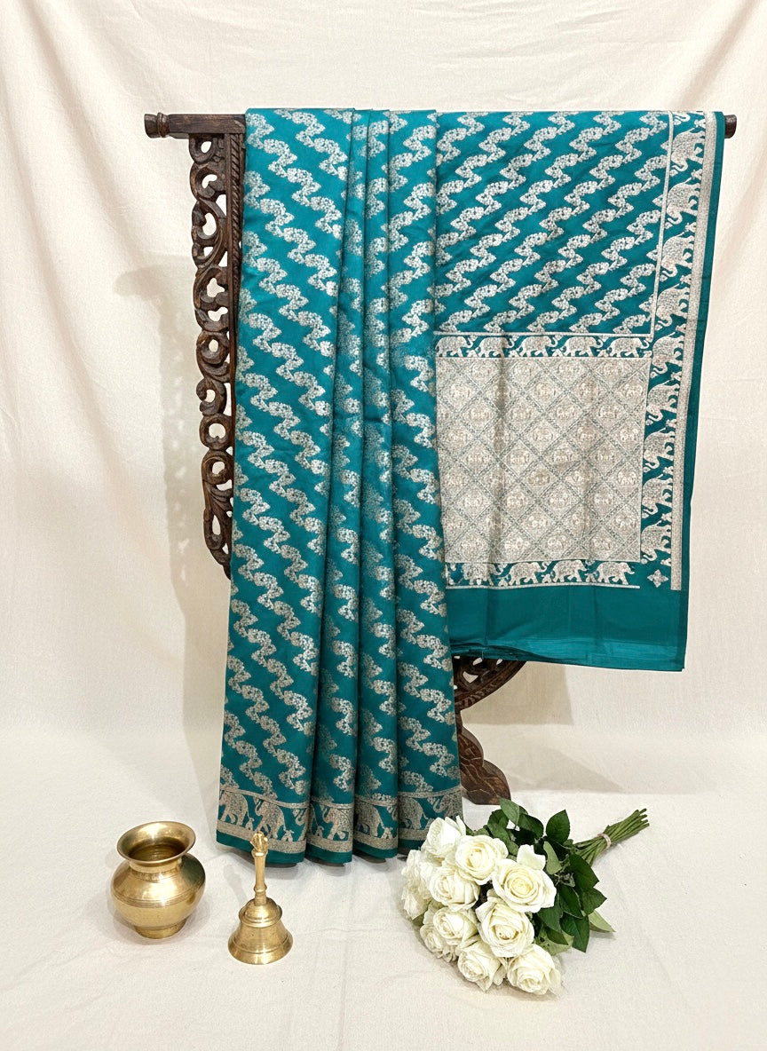 Handwoven Teal Blue Banarasi Ahinsa Silk Saree