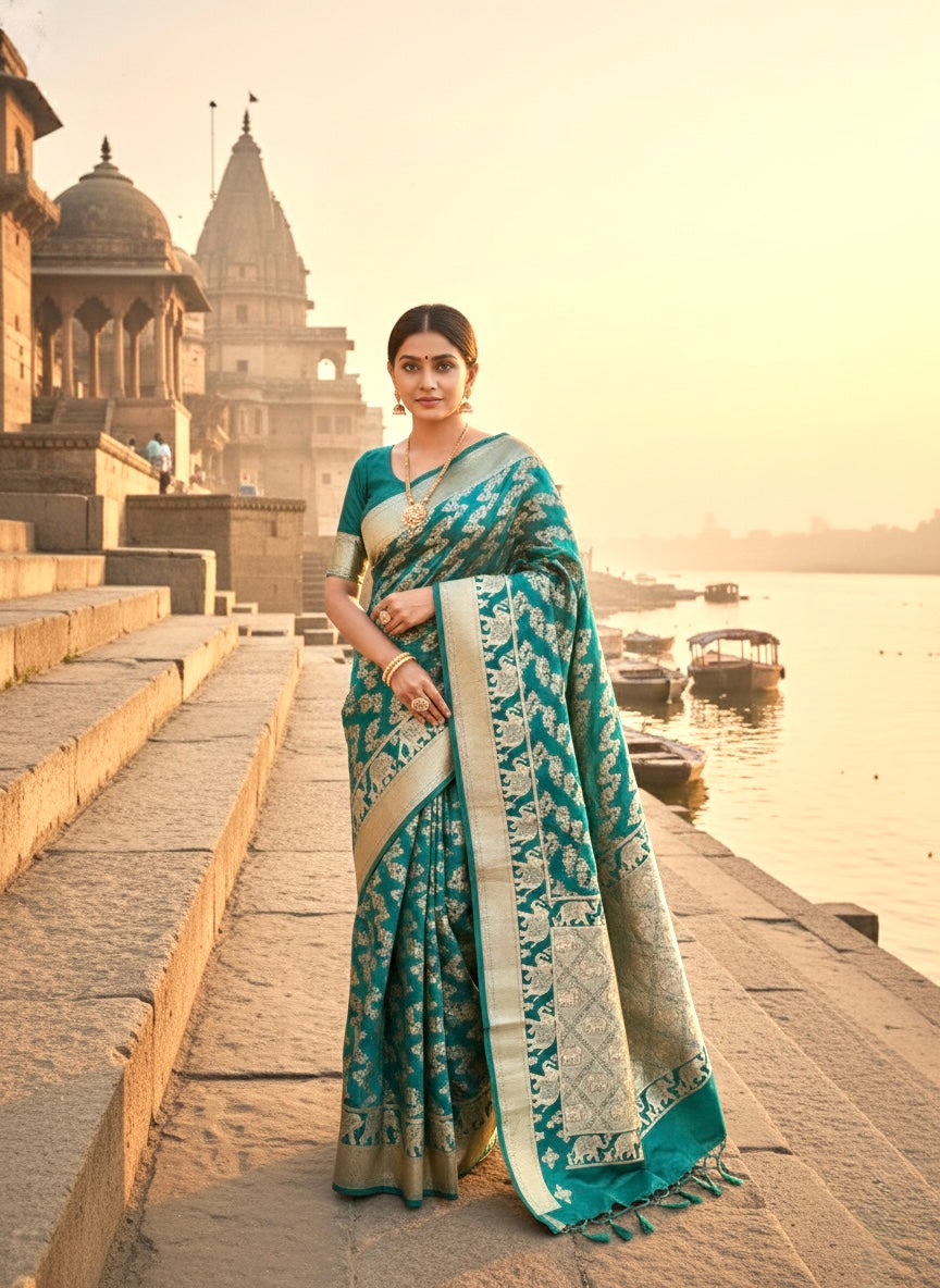 Handwoven Teal Blue Banarasi Ahinsa Silk Saree