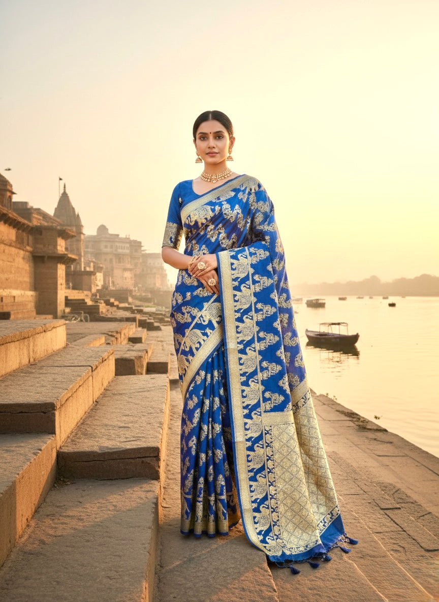 Handwoven Royal Blue Banarasi Ahinsa Silk Saree