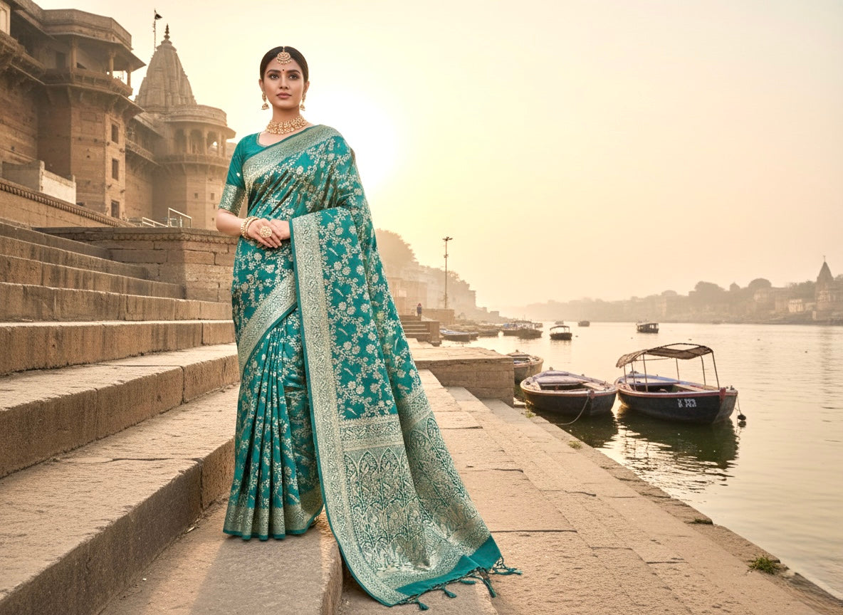 Teal Banarasi Ahinsa Silk saree