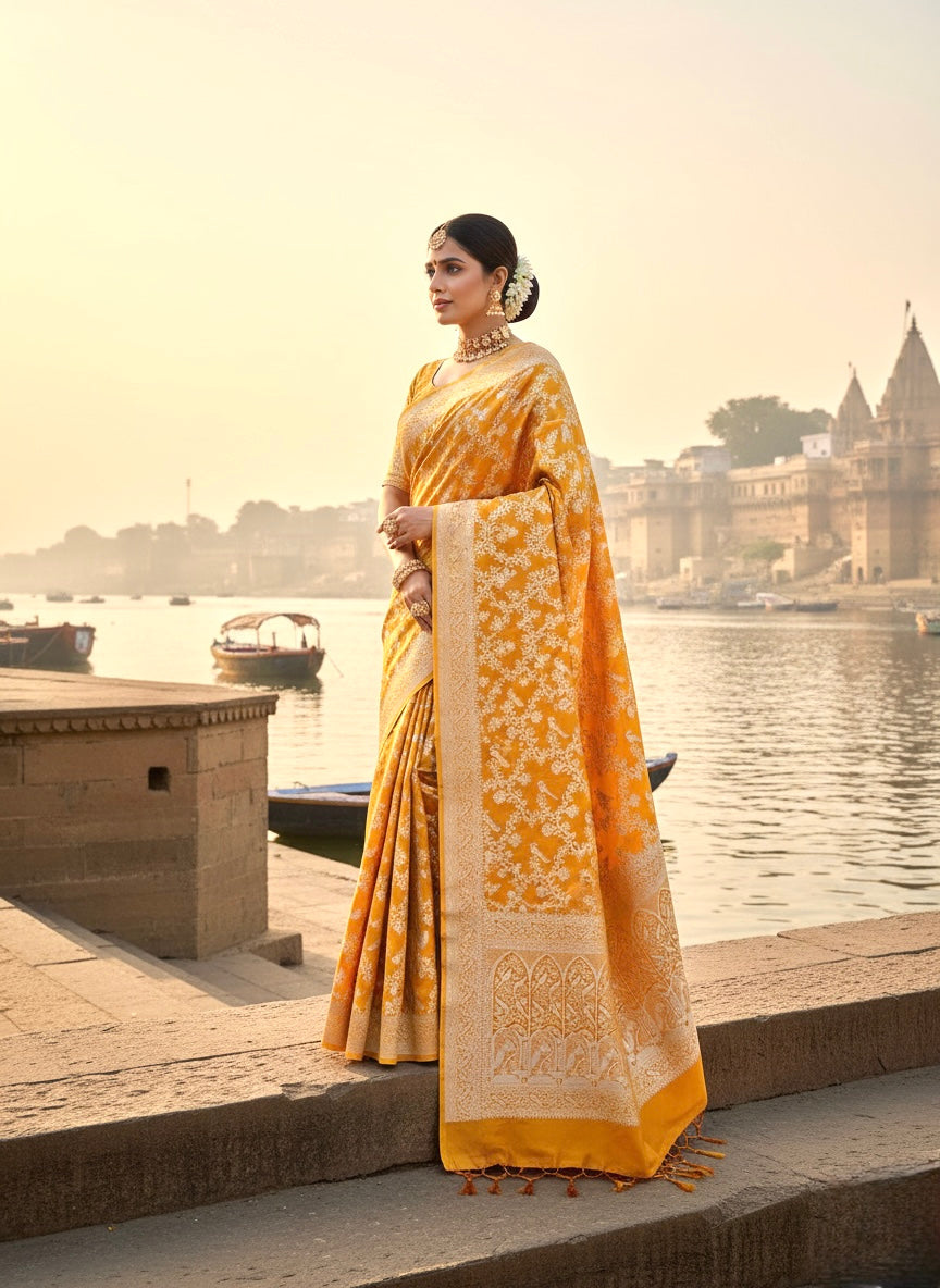 Yellow Banarasi Ahinsa Silk saree