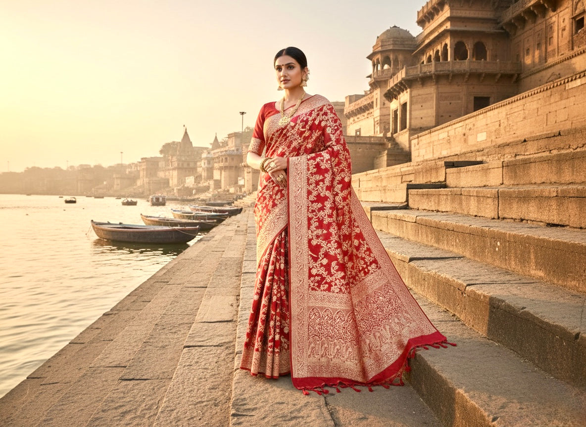 Handwoven Red Banarasi Ahinsa Silk Saree