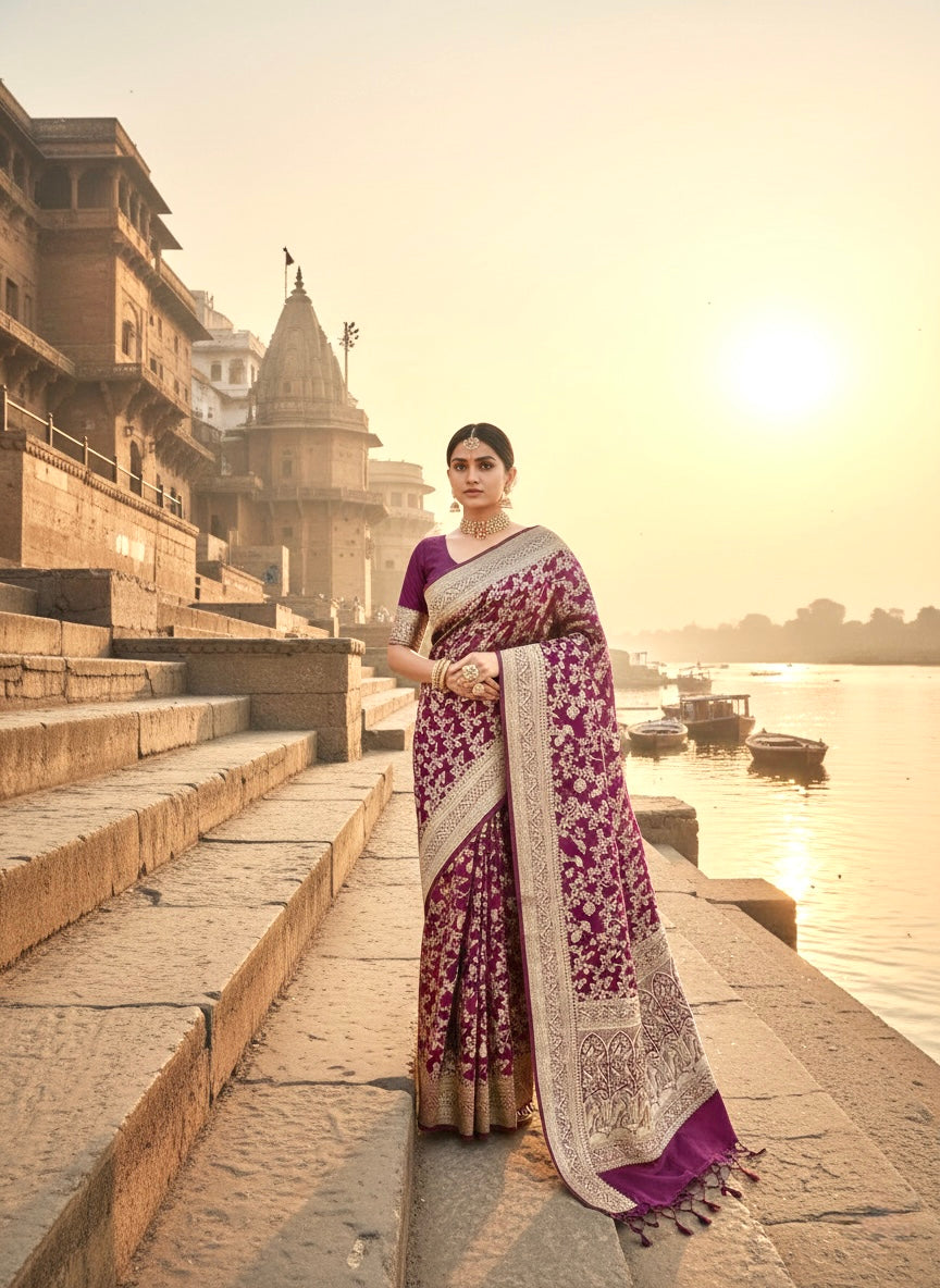 Handwoven Wine Banarasi Ahinsa Silk Saree