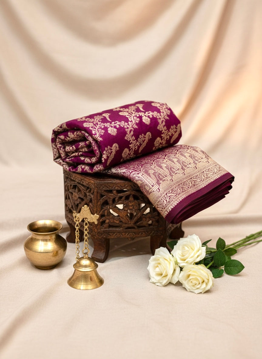 Handwoven Wine Banarasi Ahinsa Silk Saree