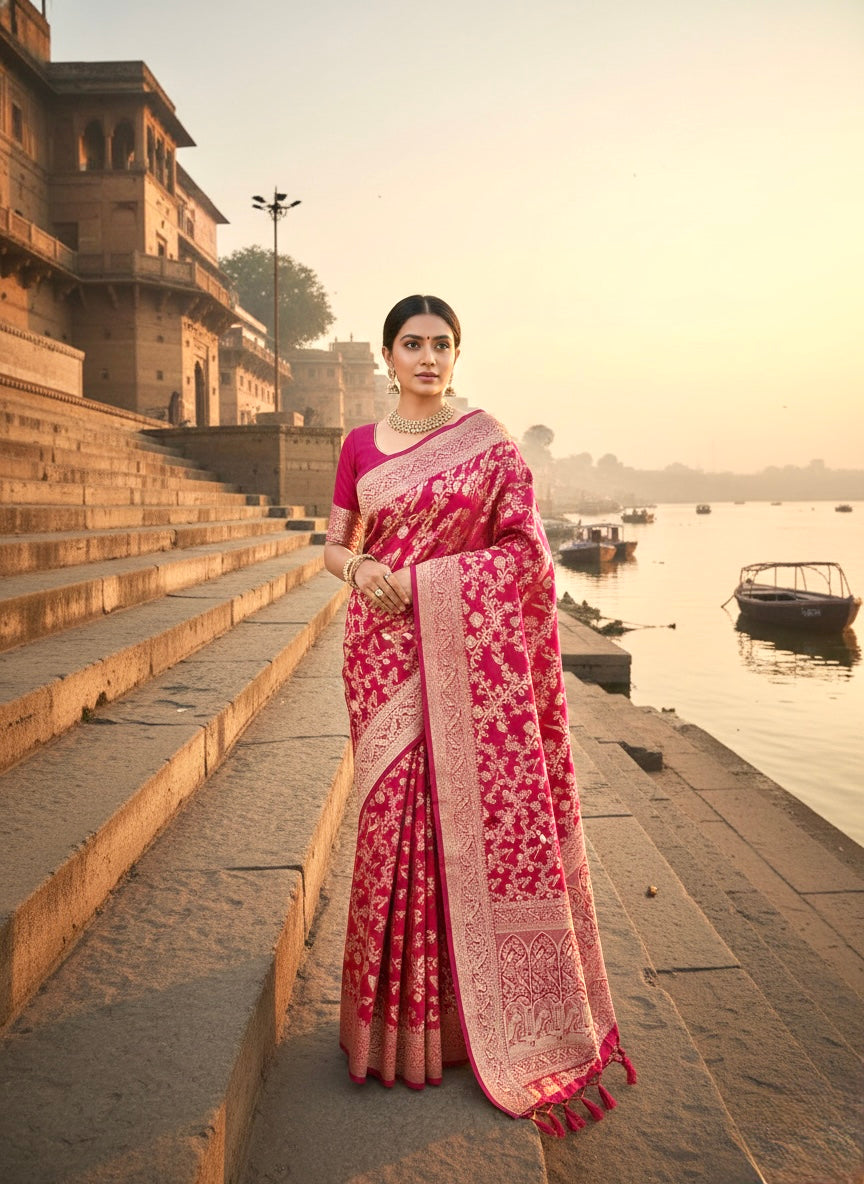 Handwoven Pink Banarasi Ahinsa Silk Saree