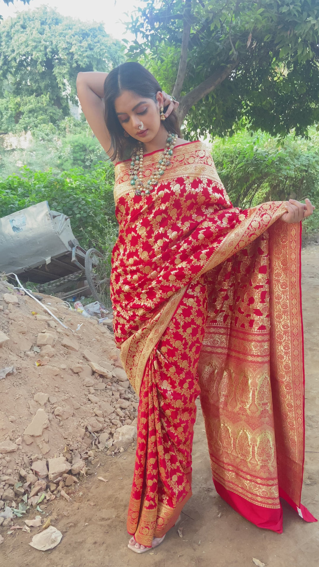 Red Sartin Silk Handwoven Banaras Saree