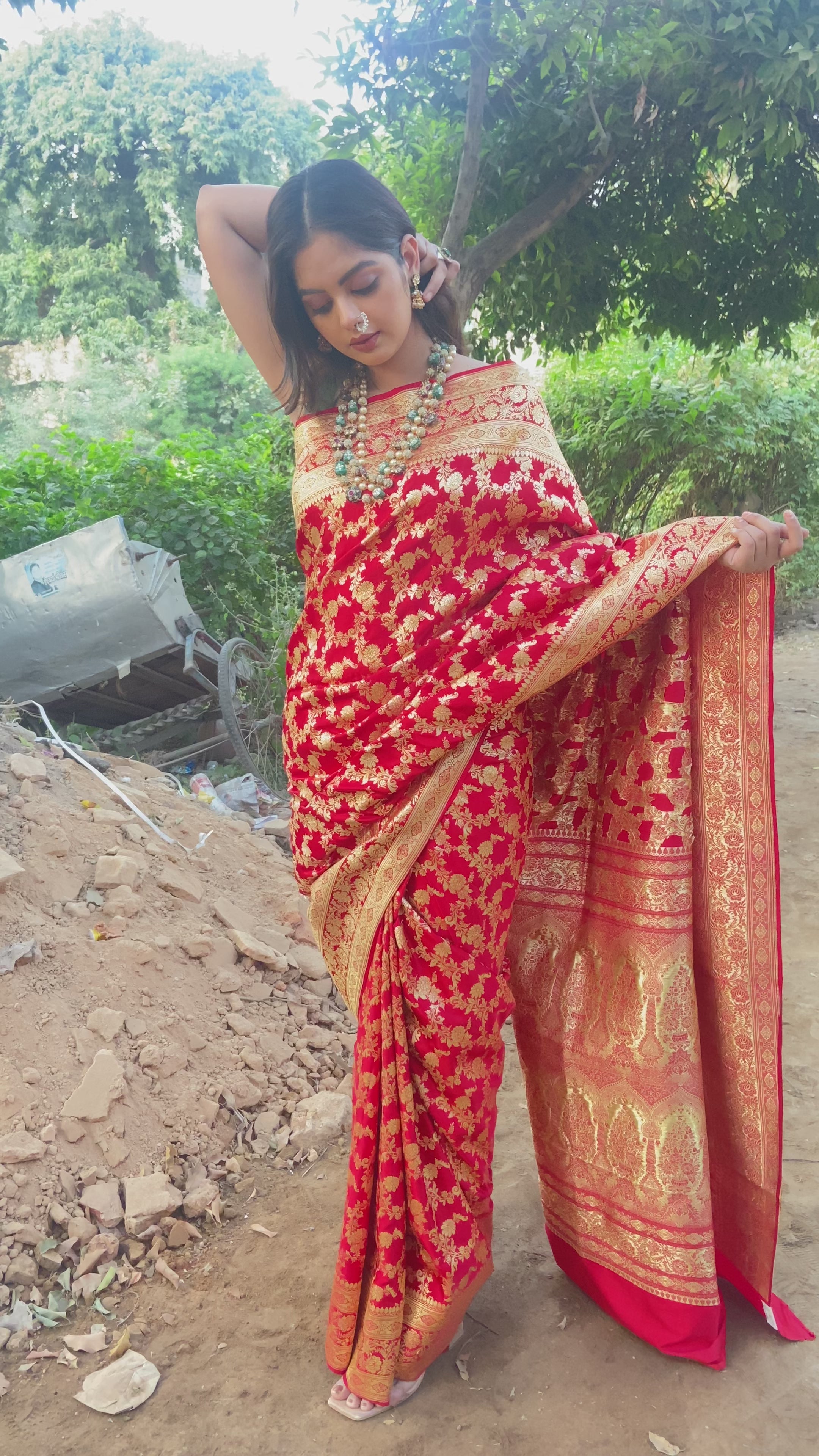 Red Sartin Silk Handwoven Banaras Saree