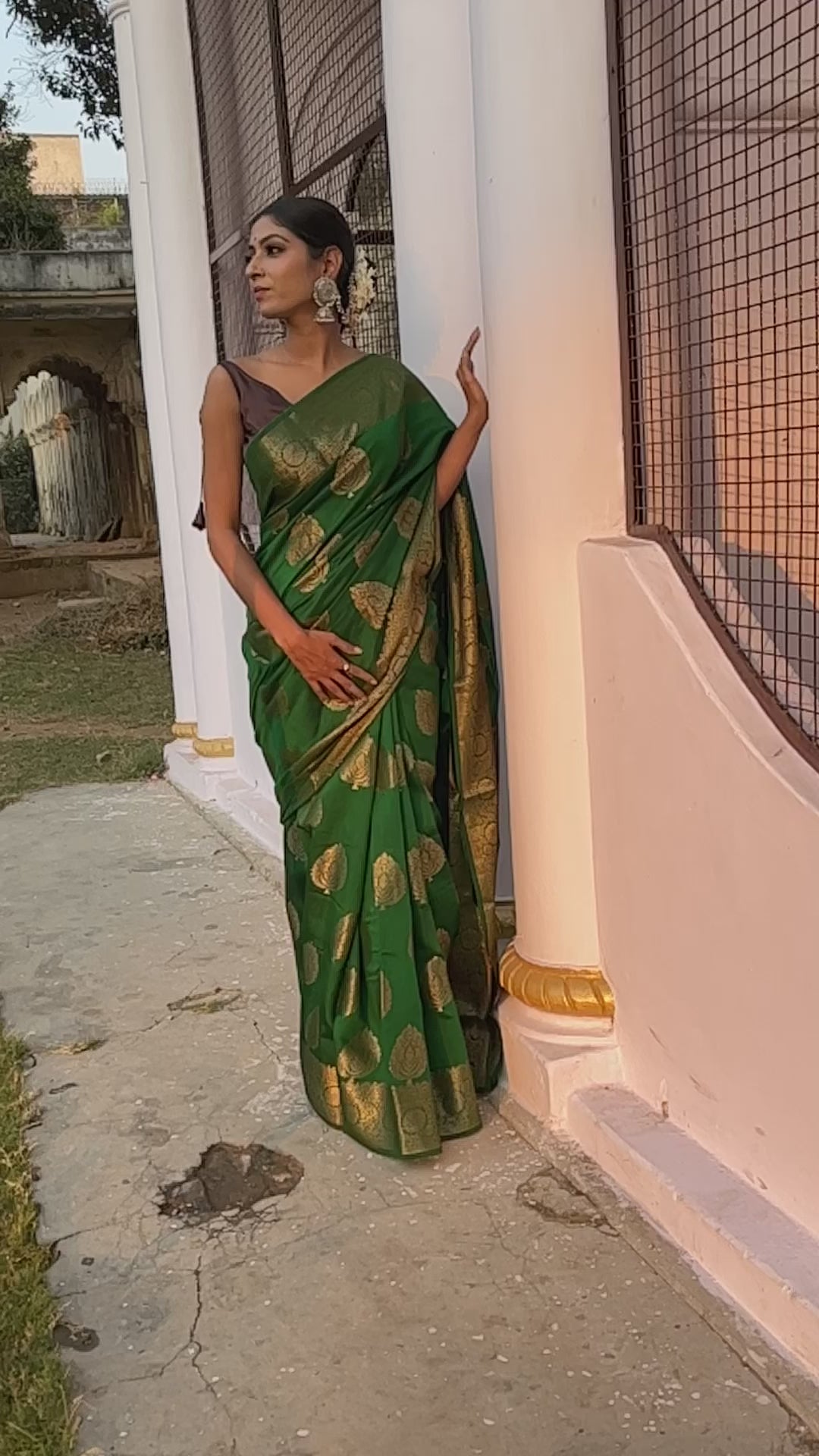 Green Chinia Silk  Handwoven Banaras Saree