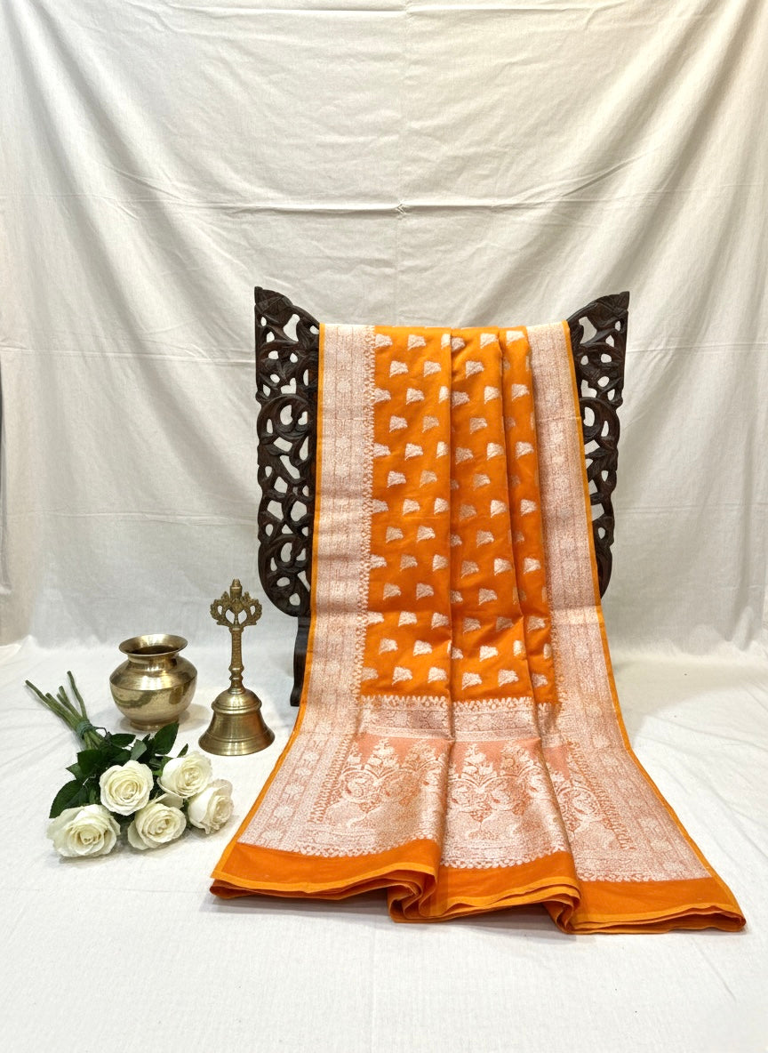 Handwoven Orange Banarasi Ahinsa Silk saree