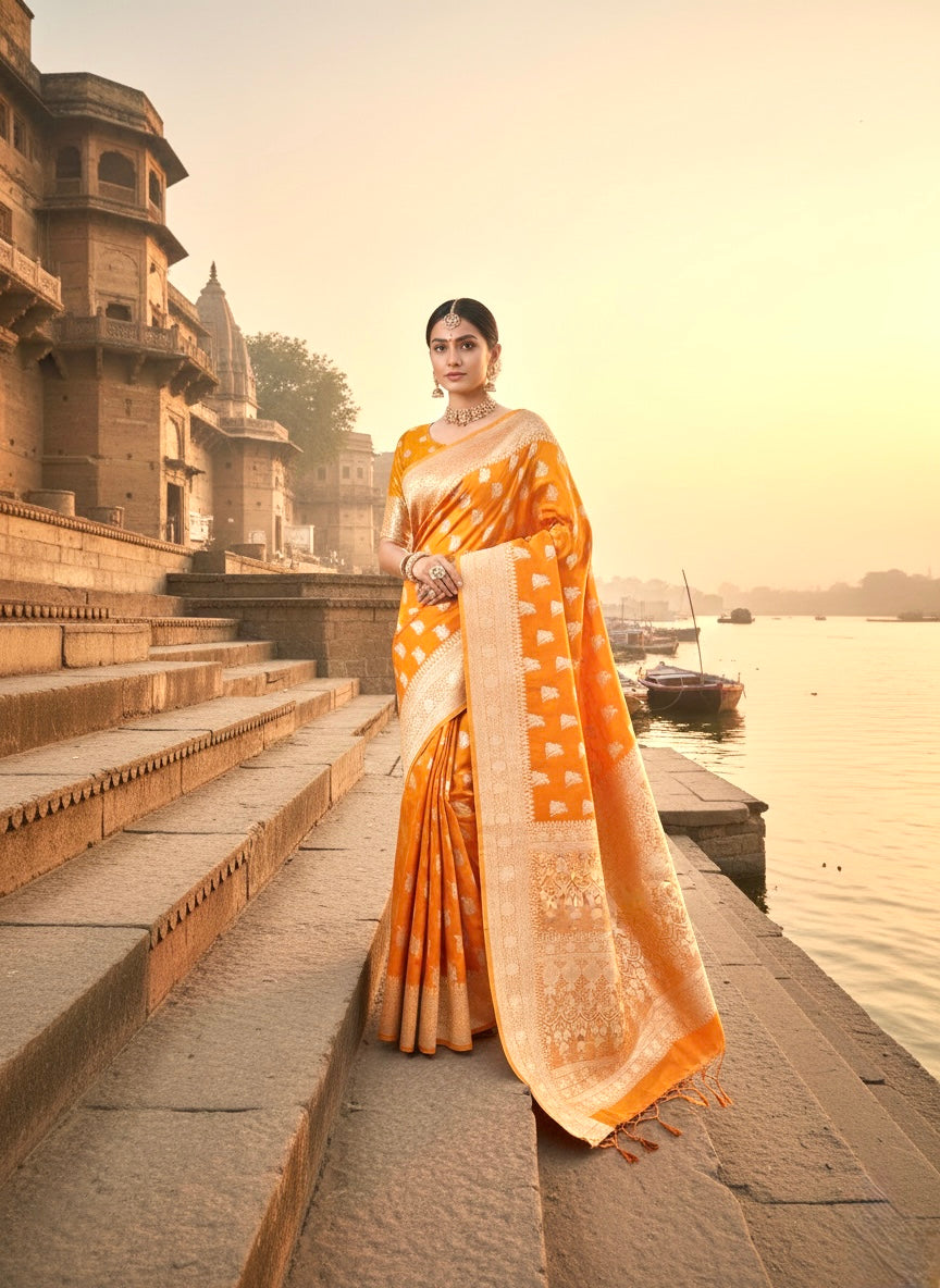 Handwoven Orange Banarasi Ahinsa Silk saree