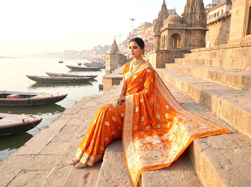 Handwoven Orange Banarasi Ahinsa Silk